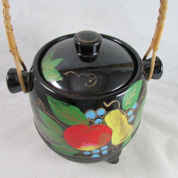Footed Biscuit Jar Black Glazed Terracotta Fruit Motif Japan Wicker Handle - Picture 3 of 9